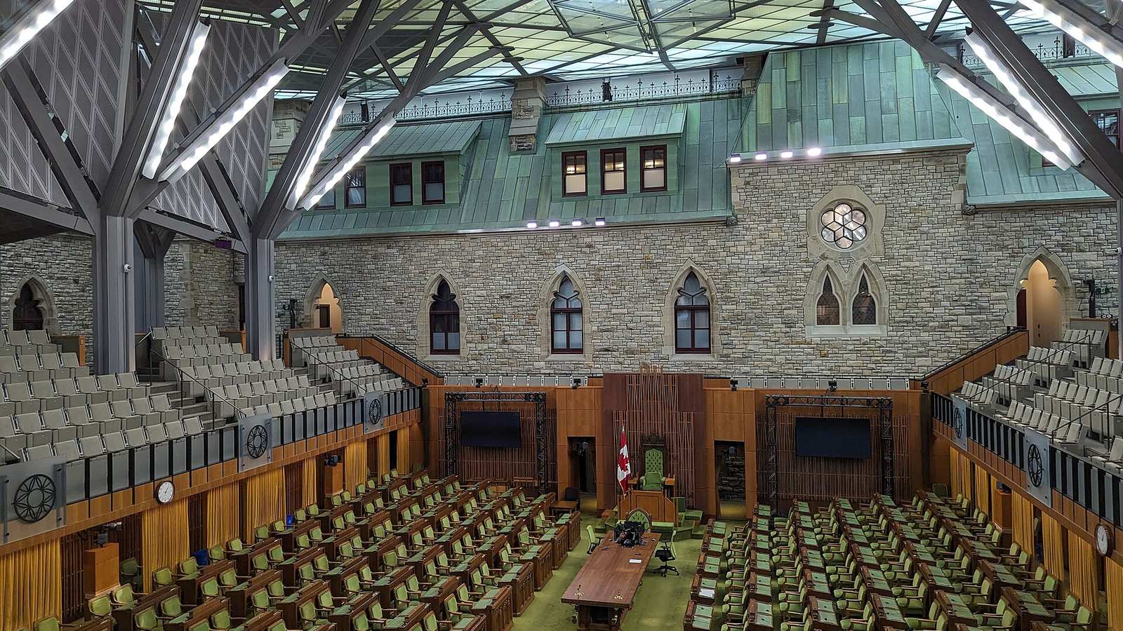 La chambre temporaire de la Chambre des communes, dans l'édifice de l'Ouest à Ottawa, vide de ses députés.
